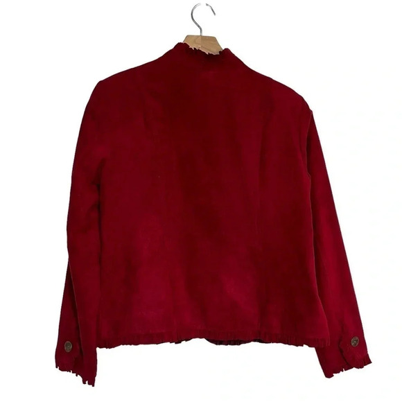 Dressbarn L faux suede rich red ruffle trimmed button down jacket - Picture 3 of 5